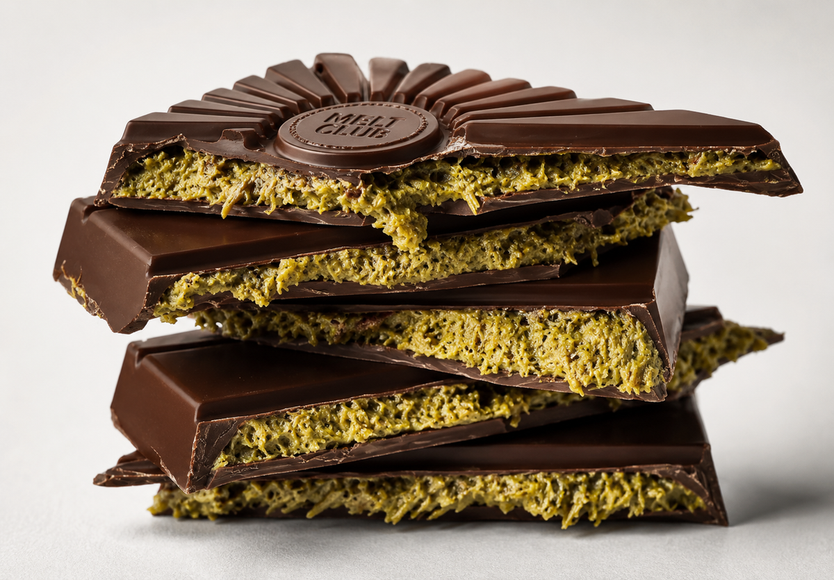 Dubai chocolate bar broken open, showing the pistachio and kataifi center