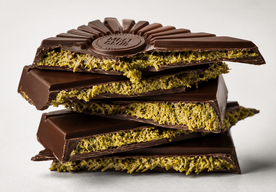 Dubai chocolate bar broken open, showing the pistachio and kataifi center