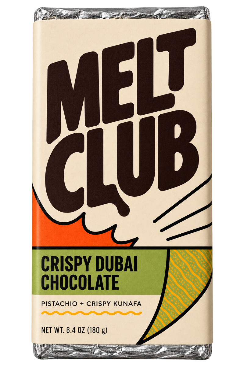 Crispy Dubai Chocolate bar, unwrapped — the die-cut packshot